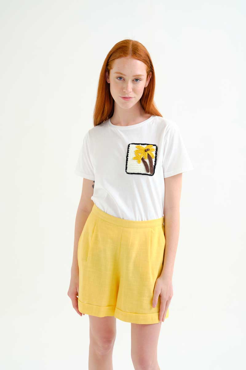 White T-Shirt with Embroidery Palms
