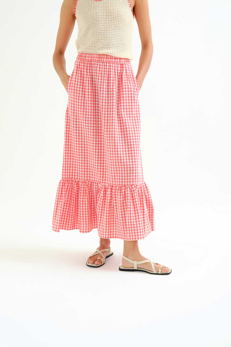 Red and White Gingham Long Skirt