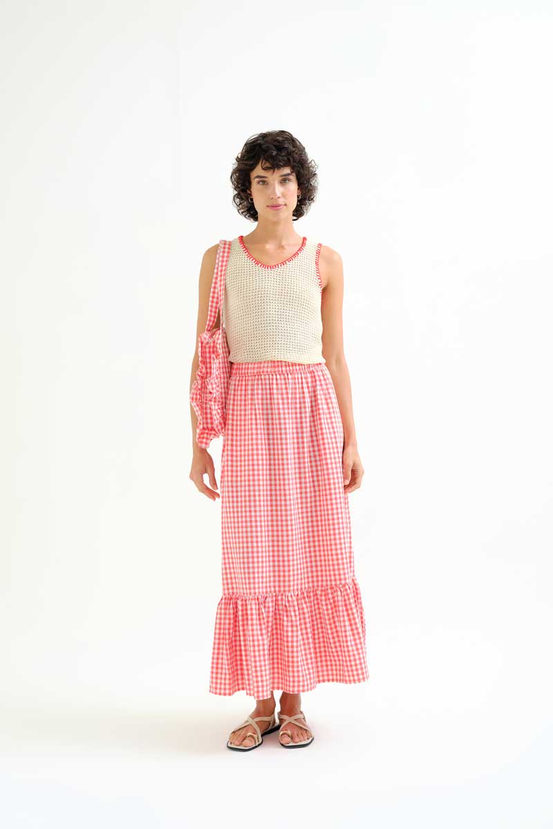 Red and White Gingham Long Skirt