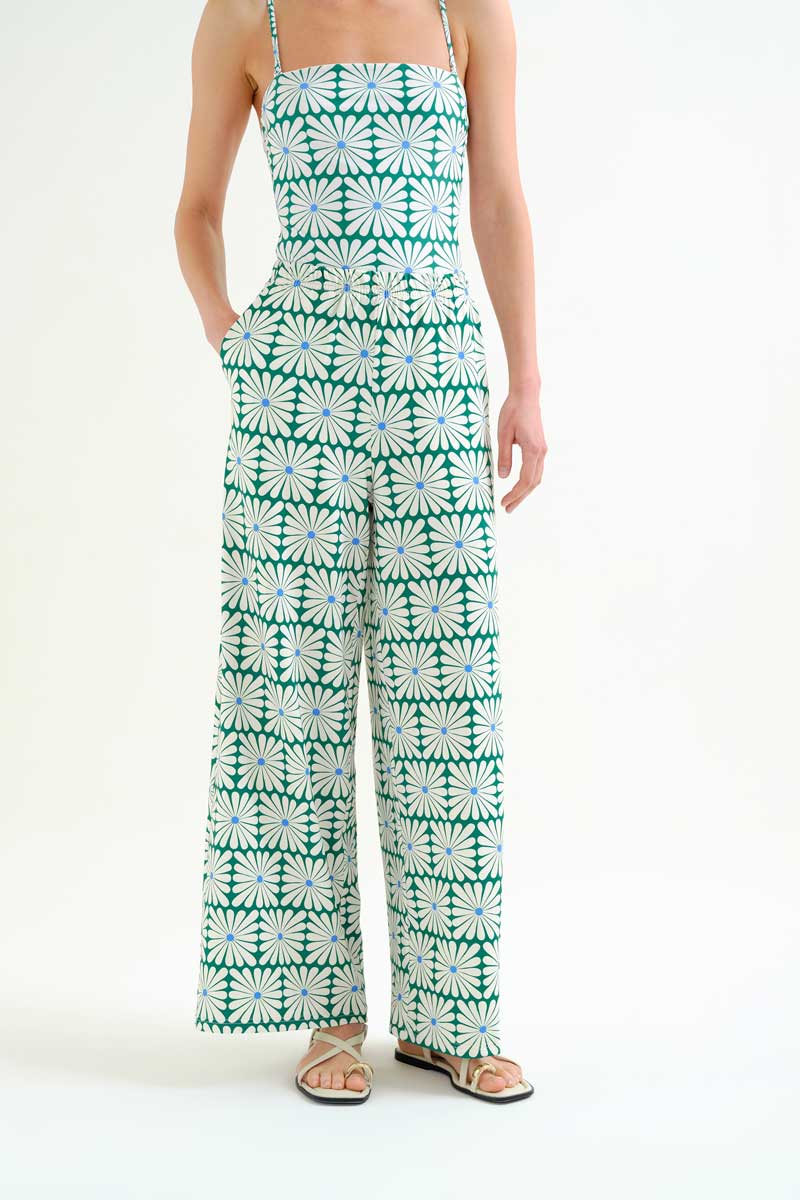 Green Beach Trousers with Olive Flower Print