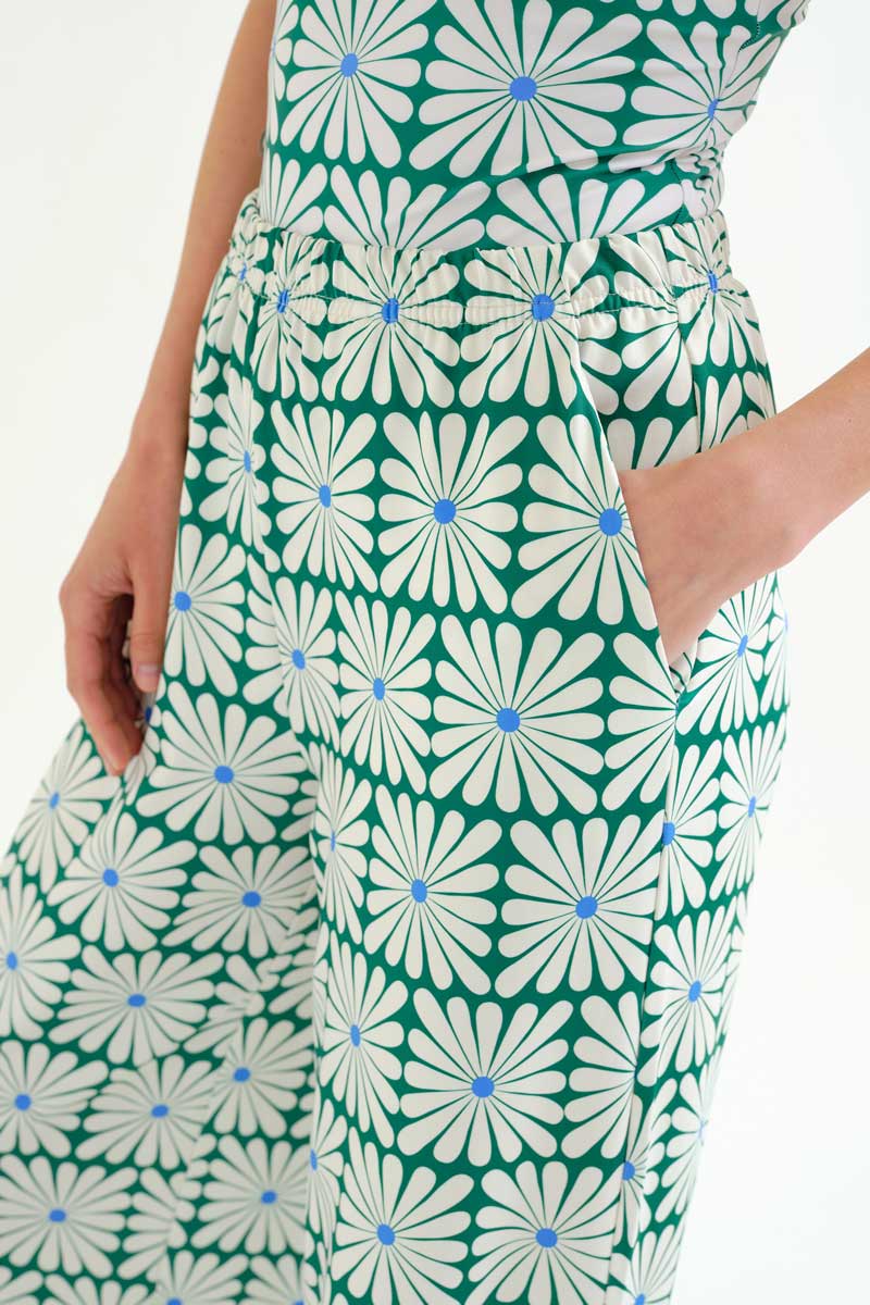 Green Beach Trousers with Olive Flower Print