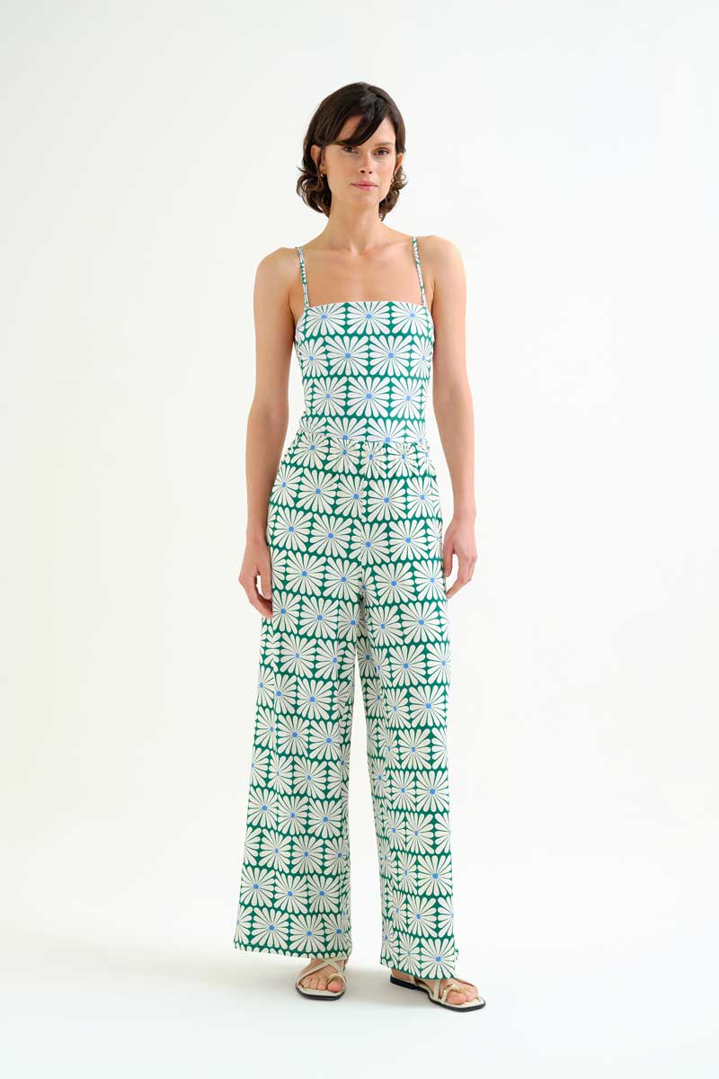 Green Beach Trousers with Olive Flower Print