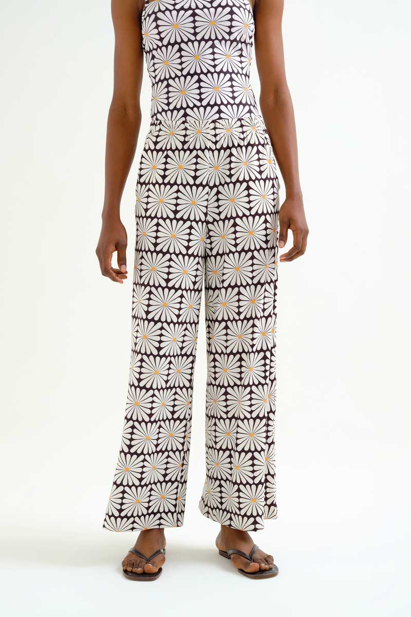 Black Beach Trousers with Olive Flower Print