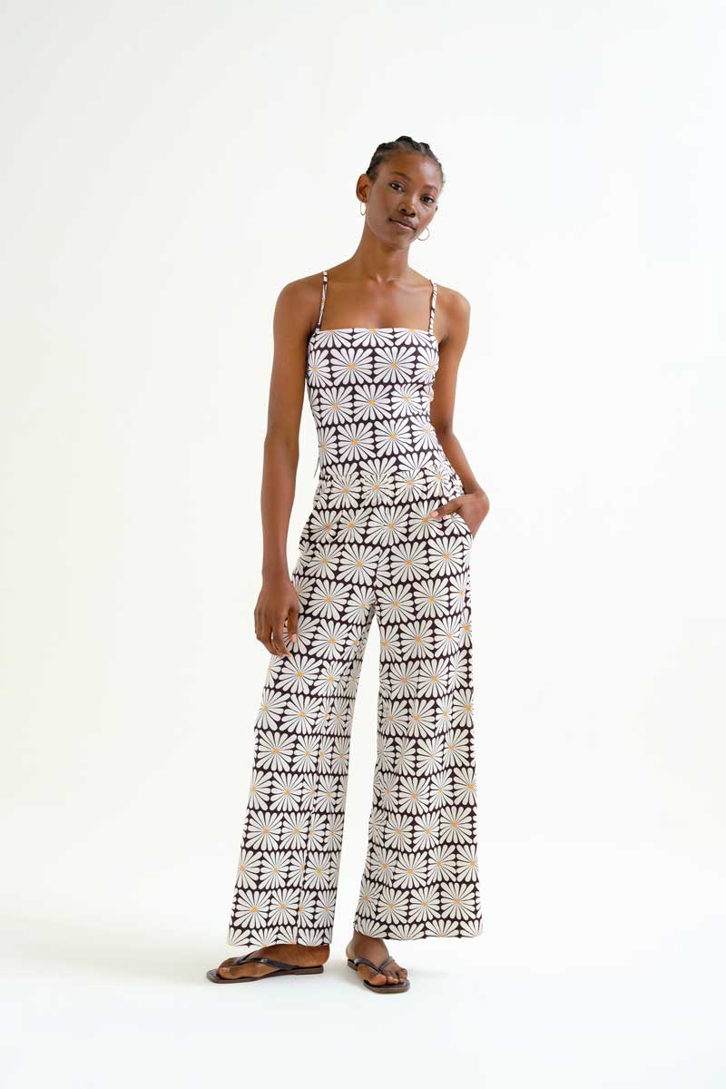 Black Beach Trousers with Olive Flower Print