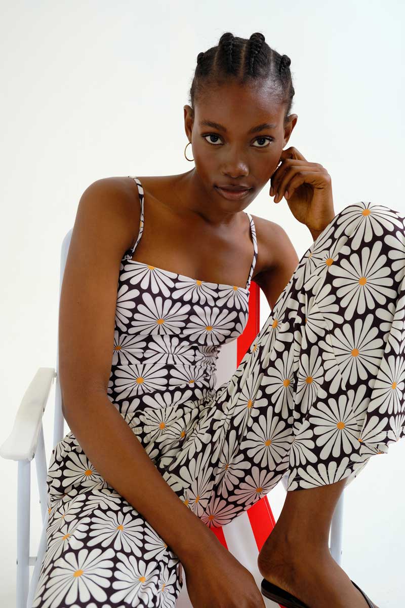 Black Beach Trousers with Olive Flower Print