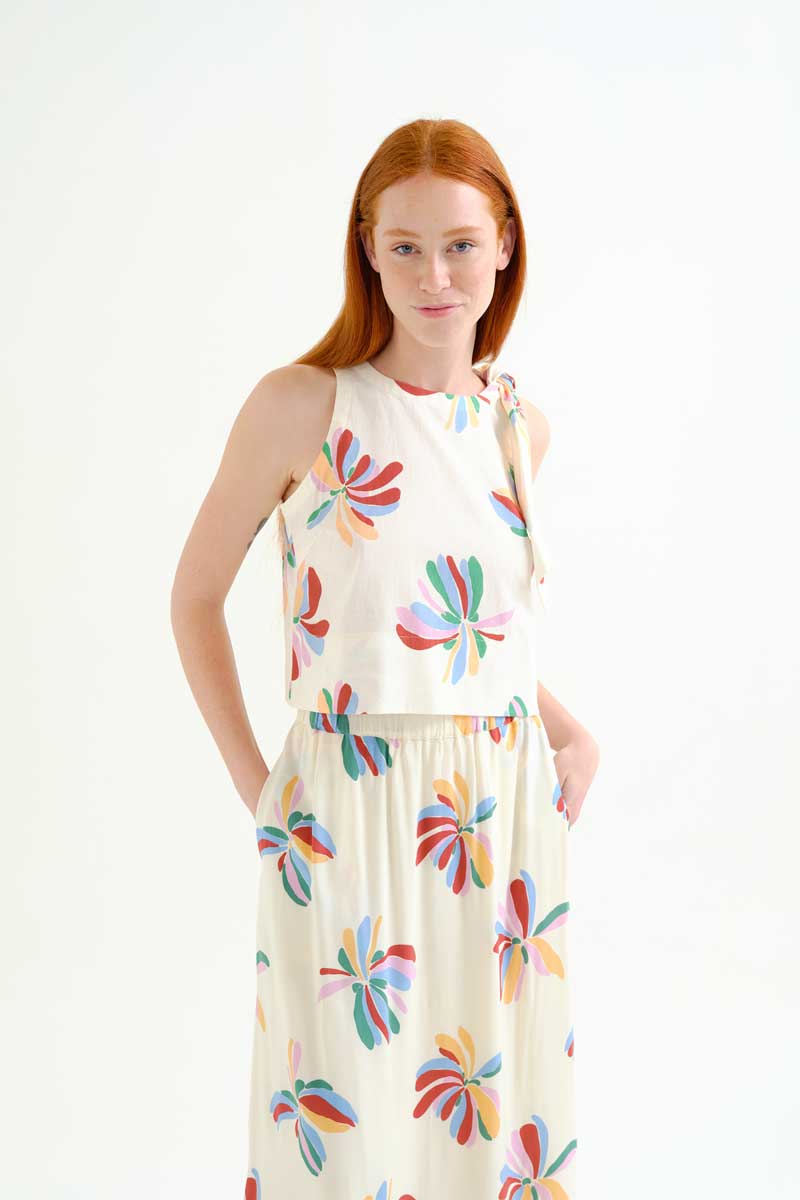 Cream Top with Flowers Print