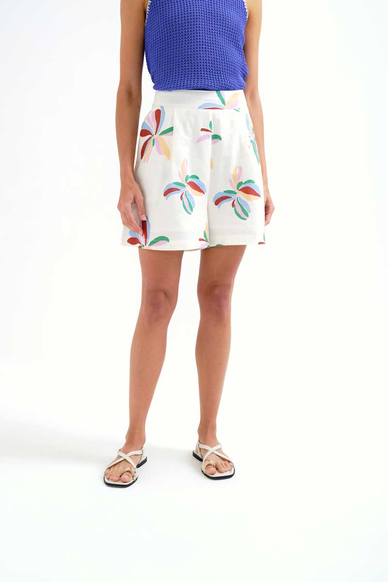 Cream Shotrs with Flowers Print