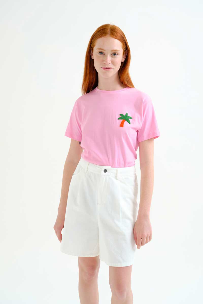 Pink T-shirt with Palm Embroidery
