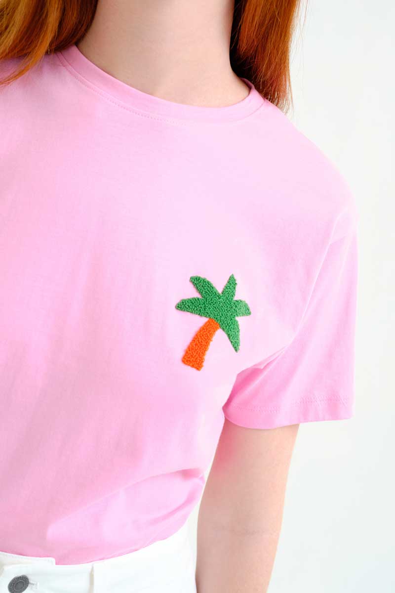 Pink T-shirt with Palm Embroidery