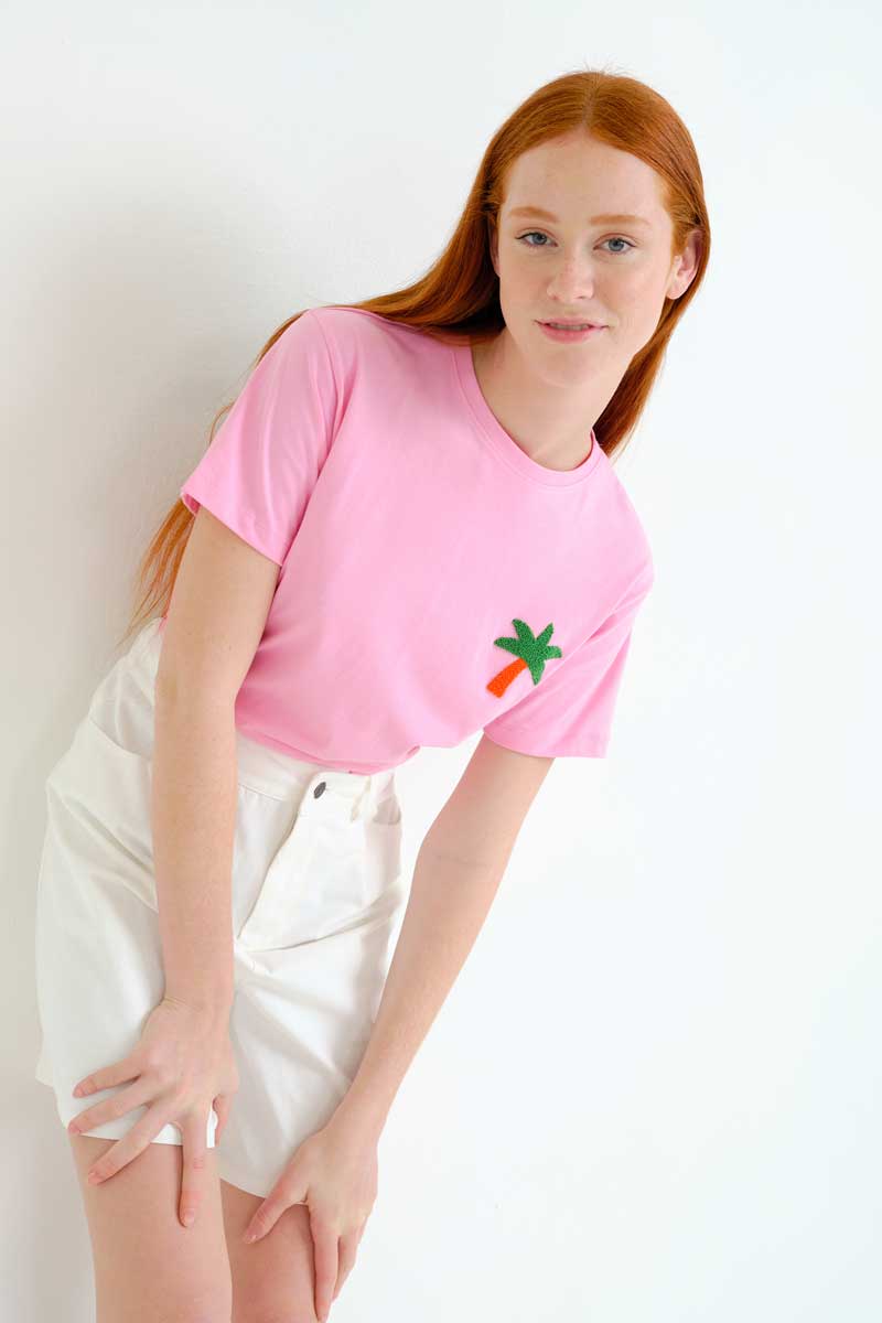 Pink T-shirt with Palm Embroidery