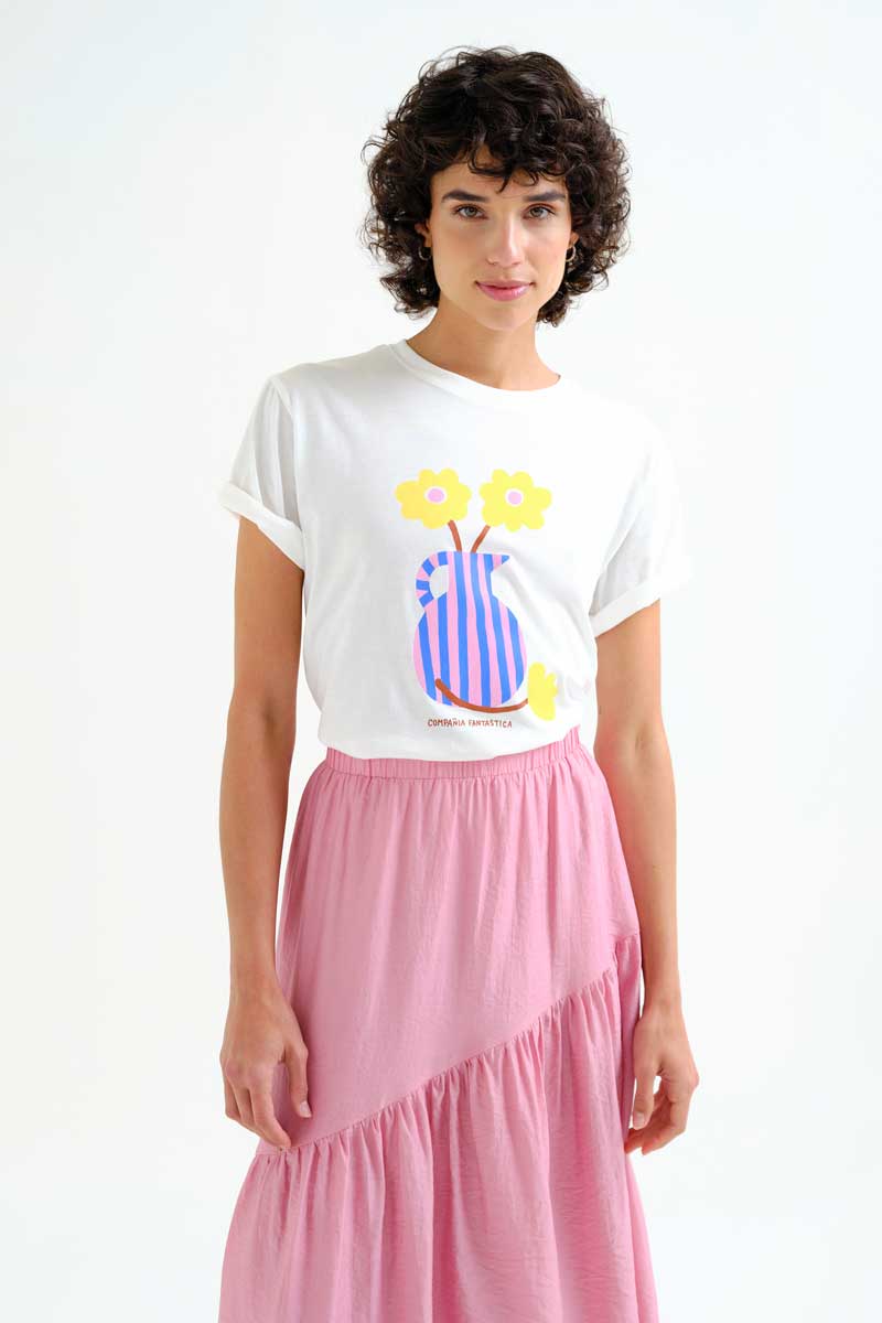 White T-Shirt with Flower Vase Print