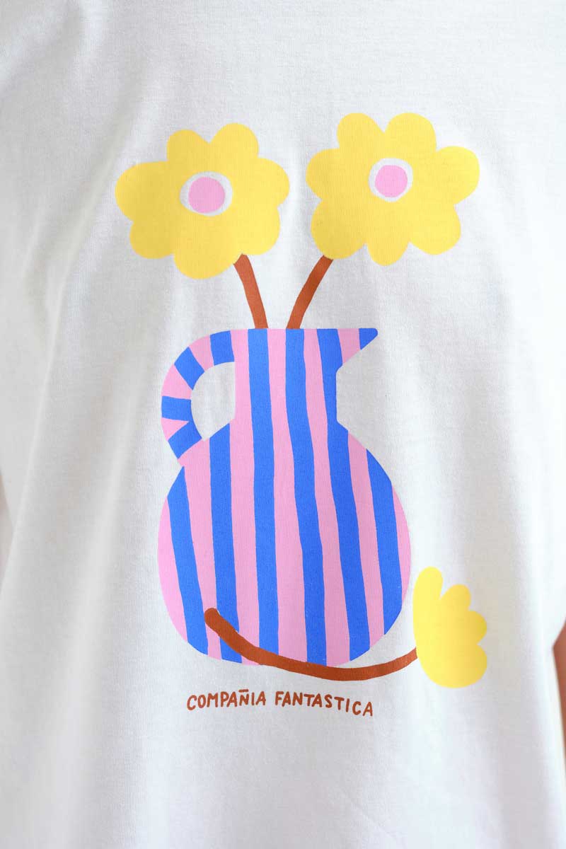 White T-Shirt with Flower Vase Print
