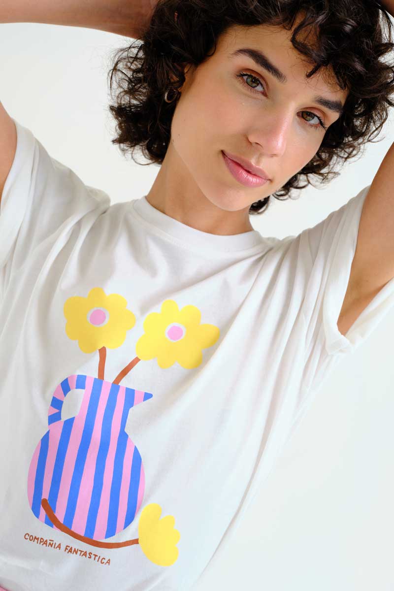 White T-Shirt with Flower Vase Print