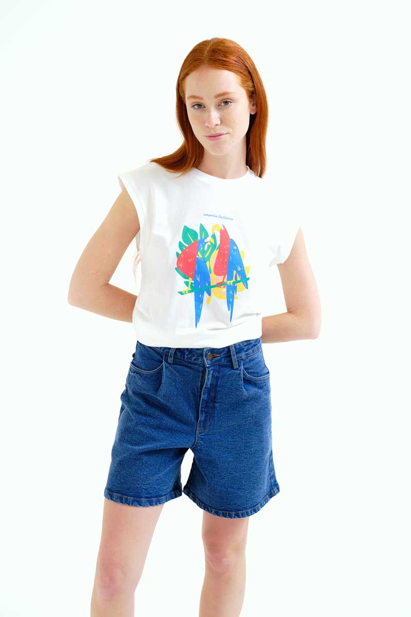 White T-Shirt with Macaws Print