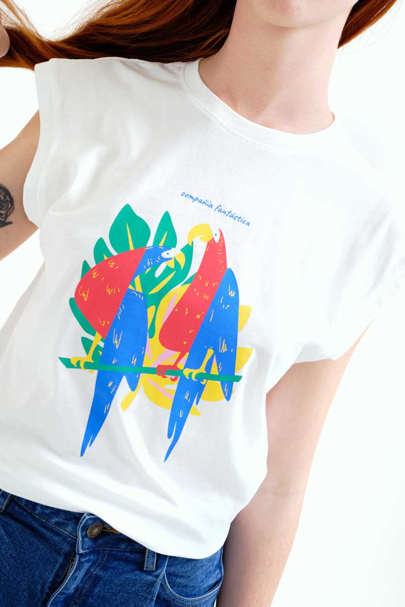 White T-Shirt with Macaws Print
