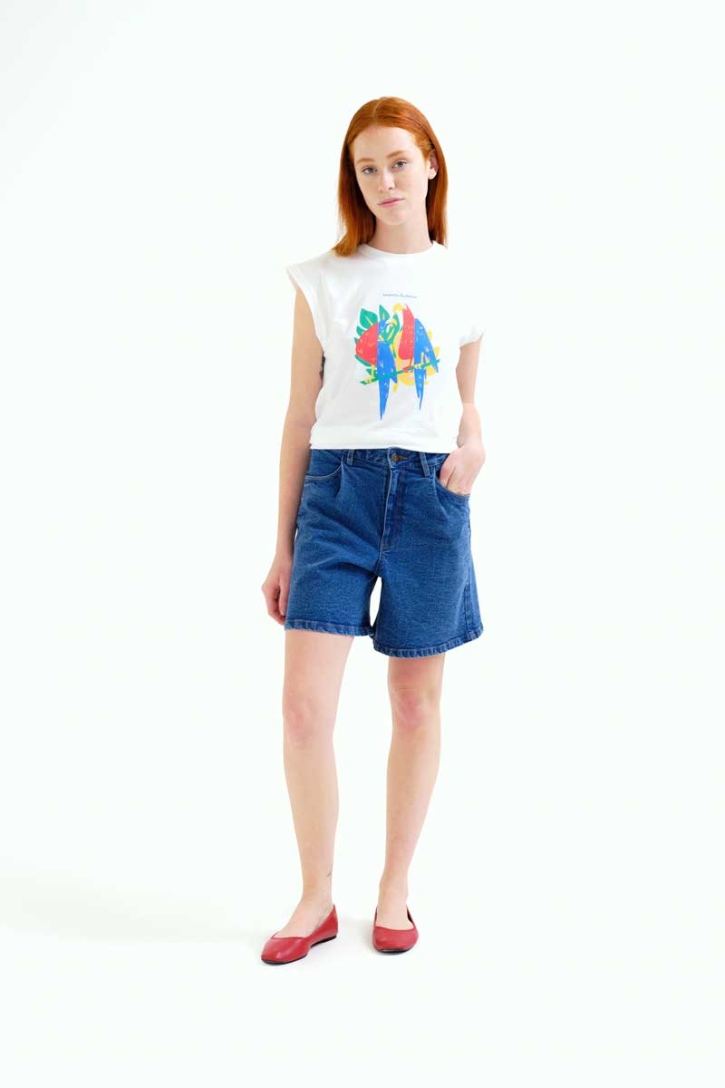White T-Shirt with Macaws Print
