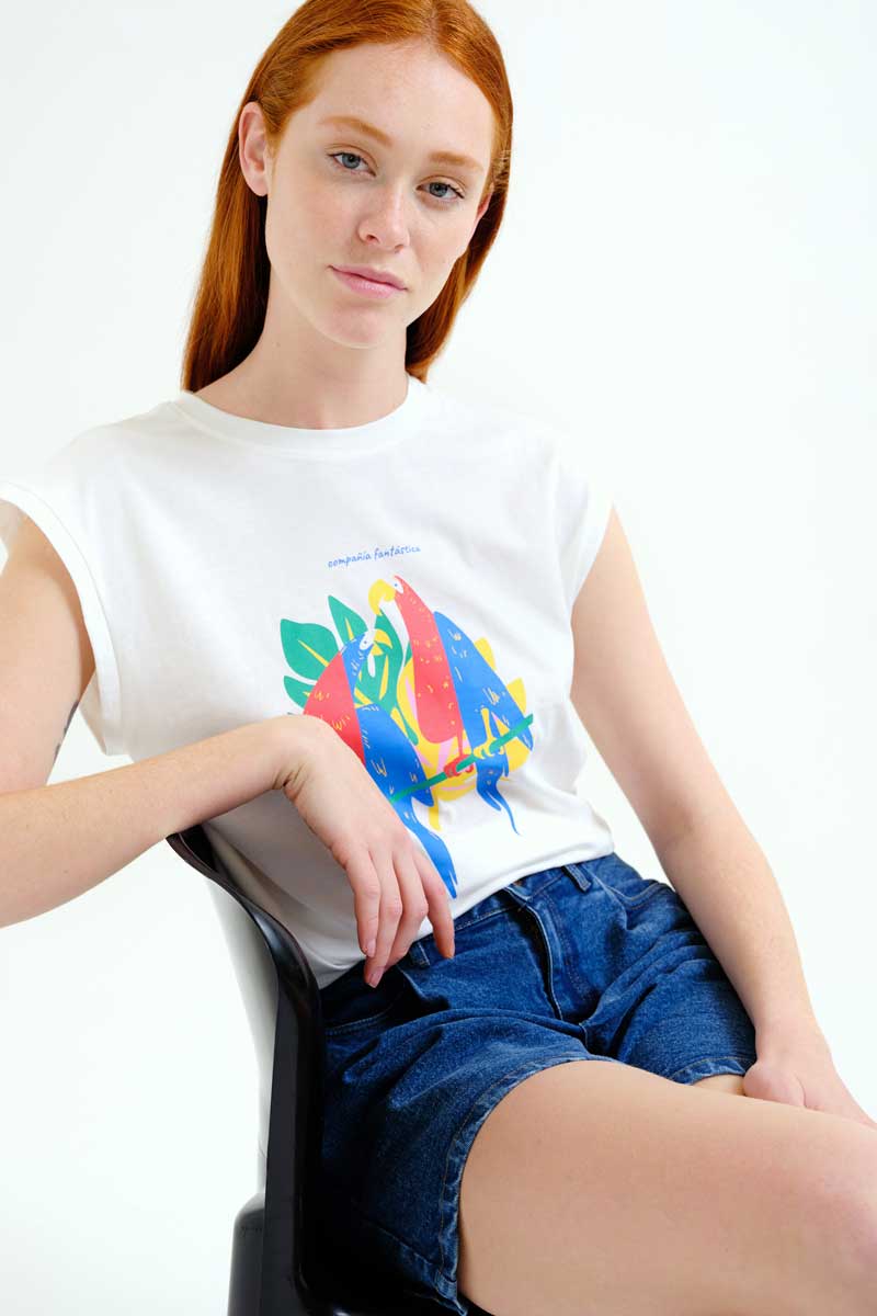 White T-Shirt with Macaws Print