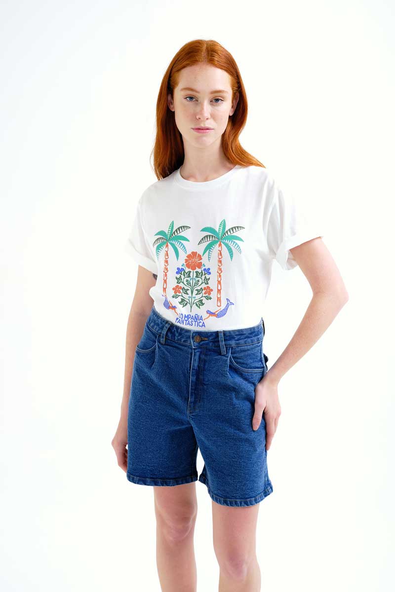 White T-shirt with Palm and Mermide Print