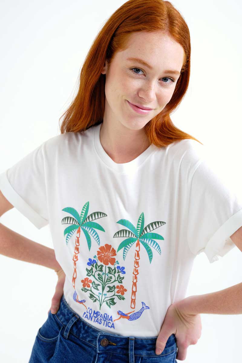White T-shirt with Palm and Mermide Print