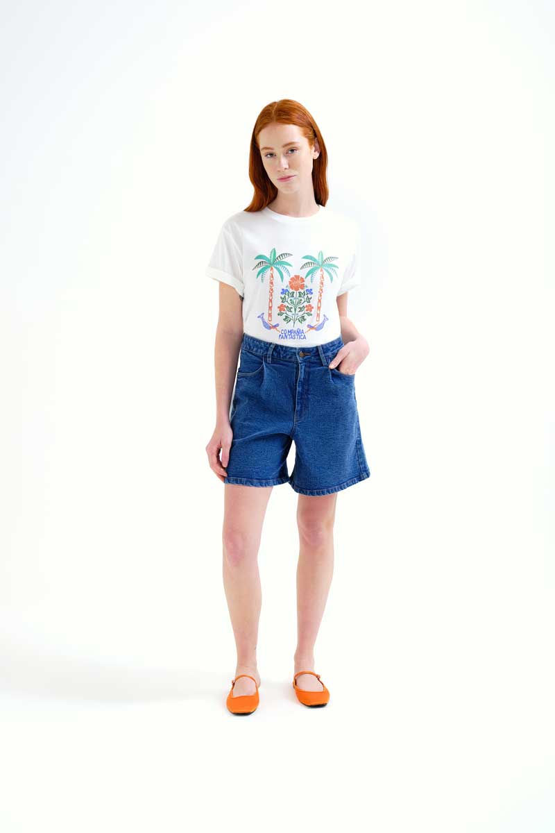 White T-shirt with Palm and Mermide Print