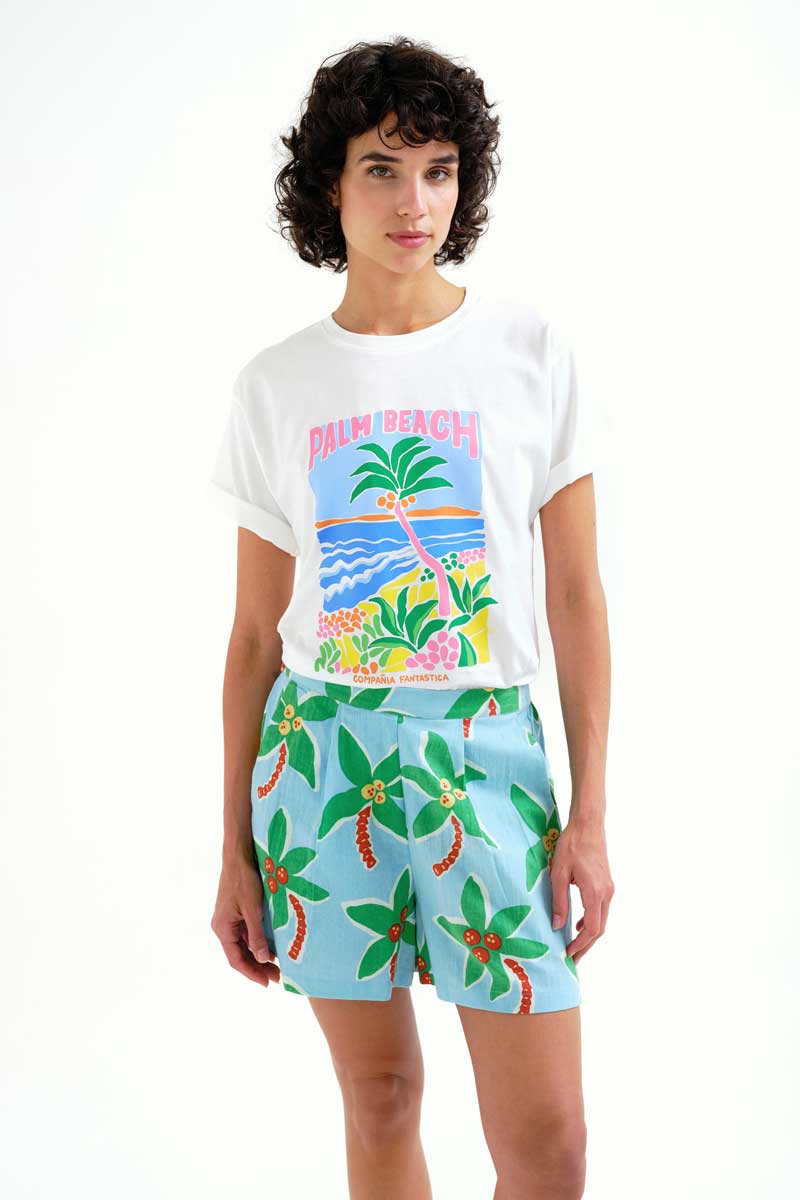 White T-shirt with Palm Beach Print