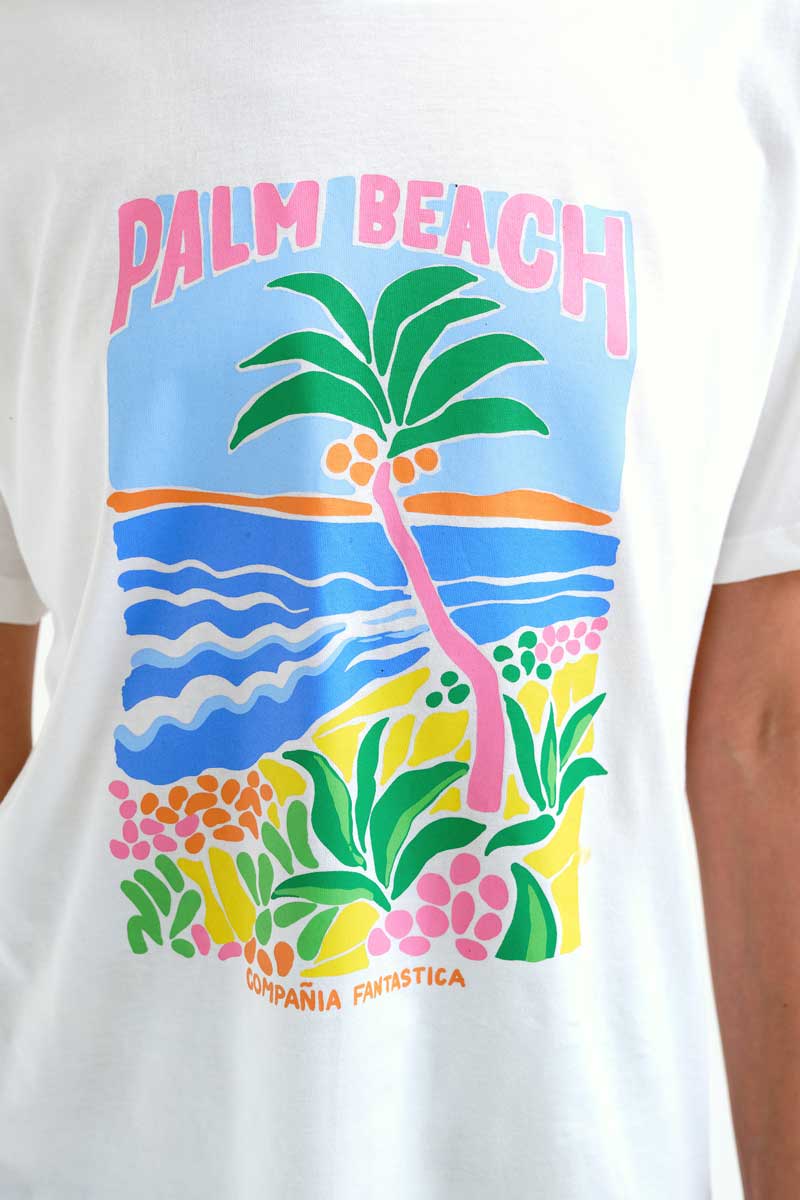 White T-shirt with Palm Beach Print
