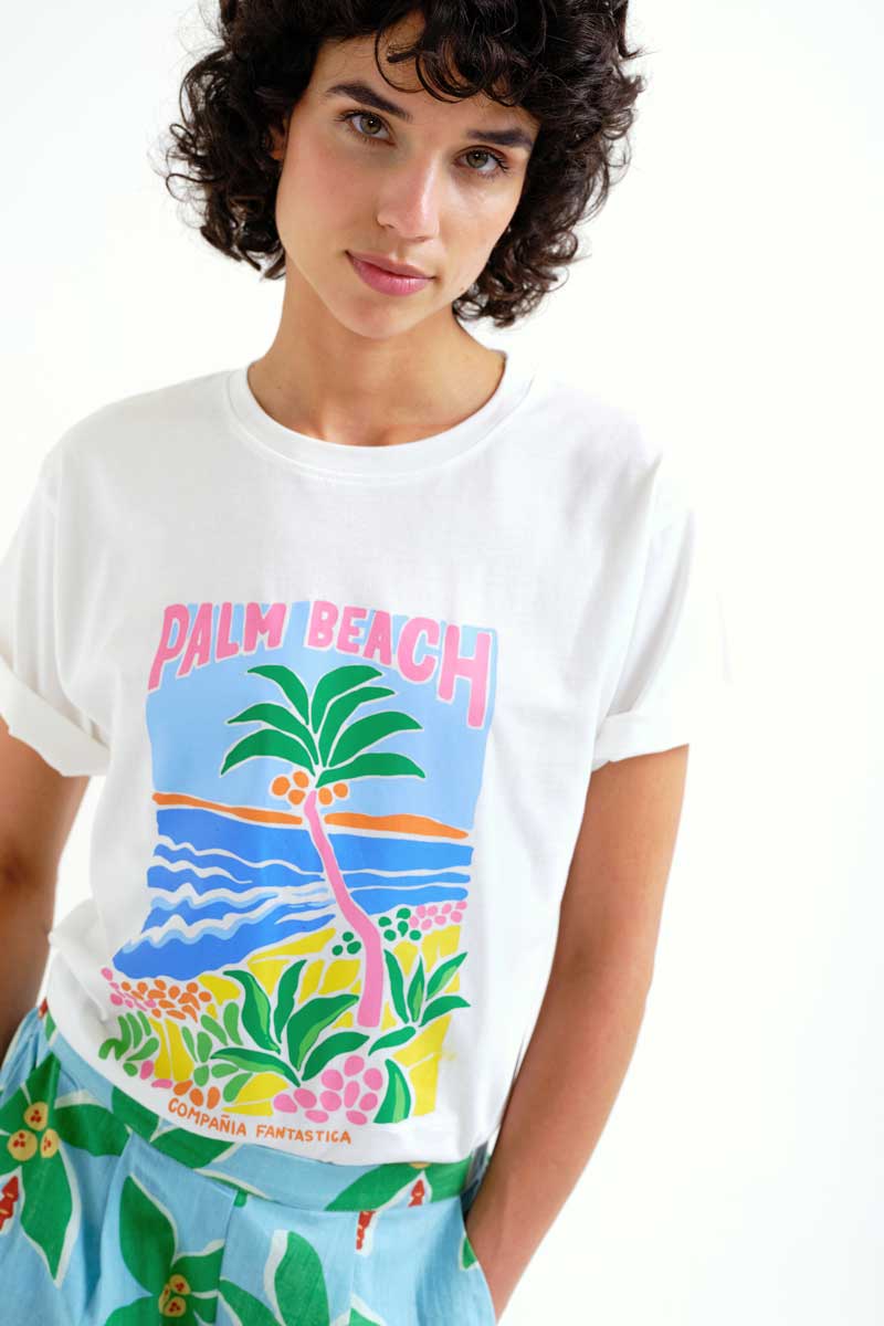 White T-shirt with Palm Beach Print