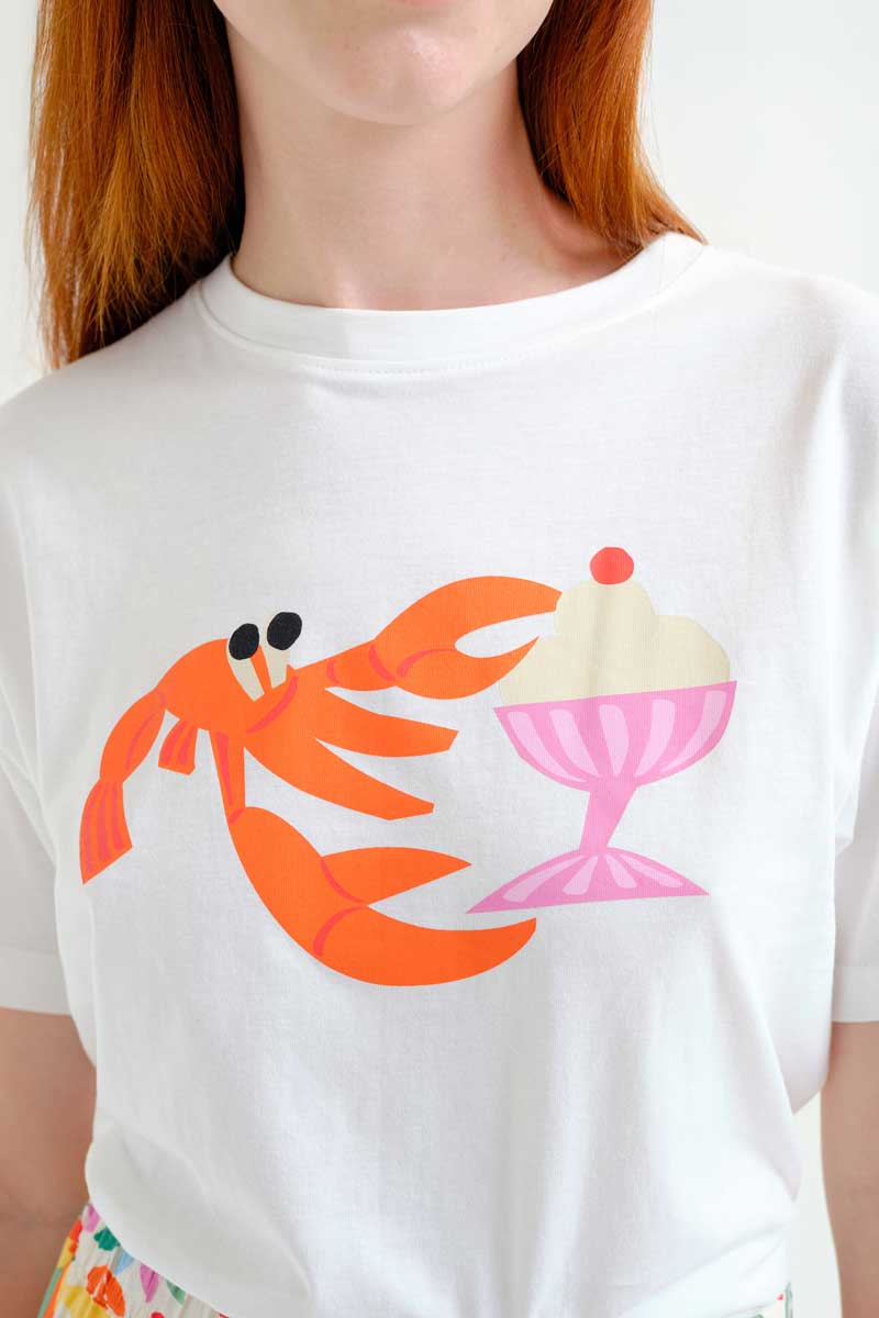 White T-Shirt with Lobster Print