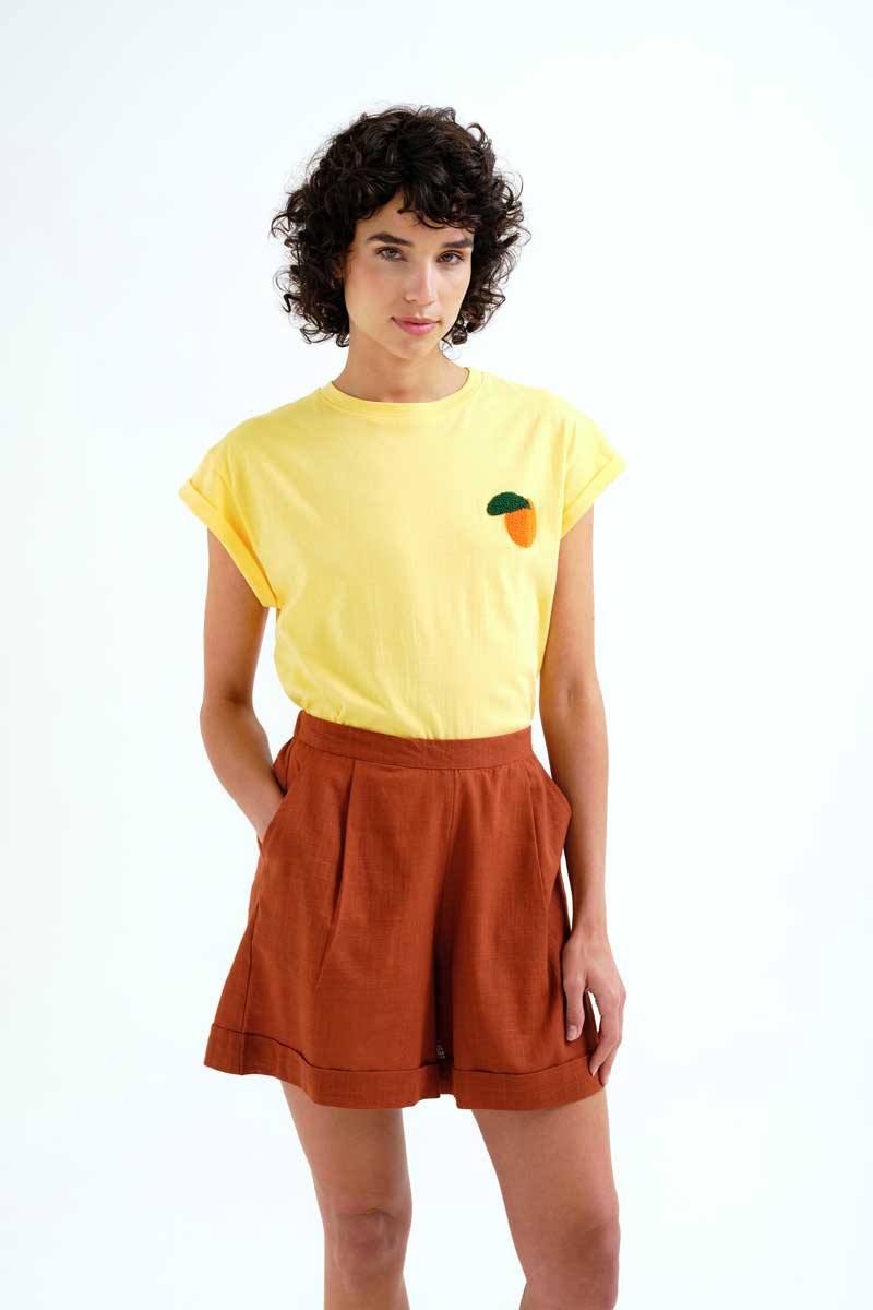 Yellow T-shirt with Orange Embroidery.