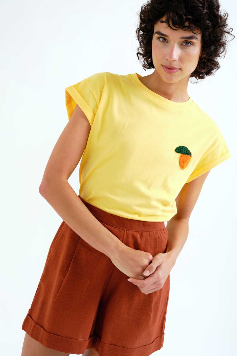 Yellow T-shirt with Orange Embroidery.