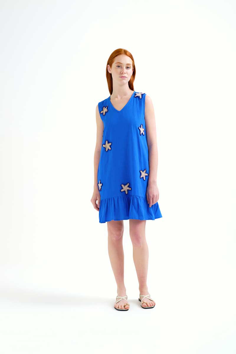 Blue Mini Dress with Embroidery Stars
