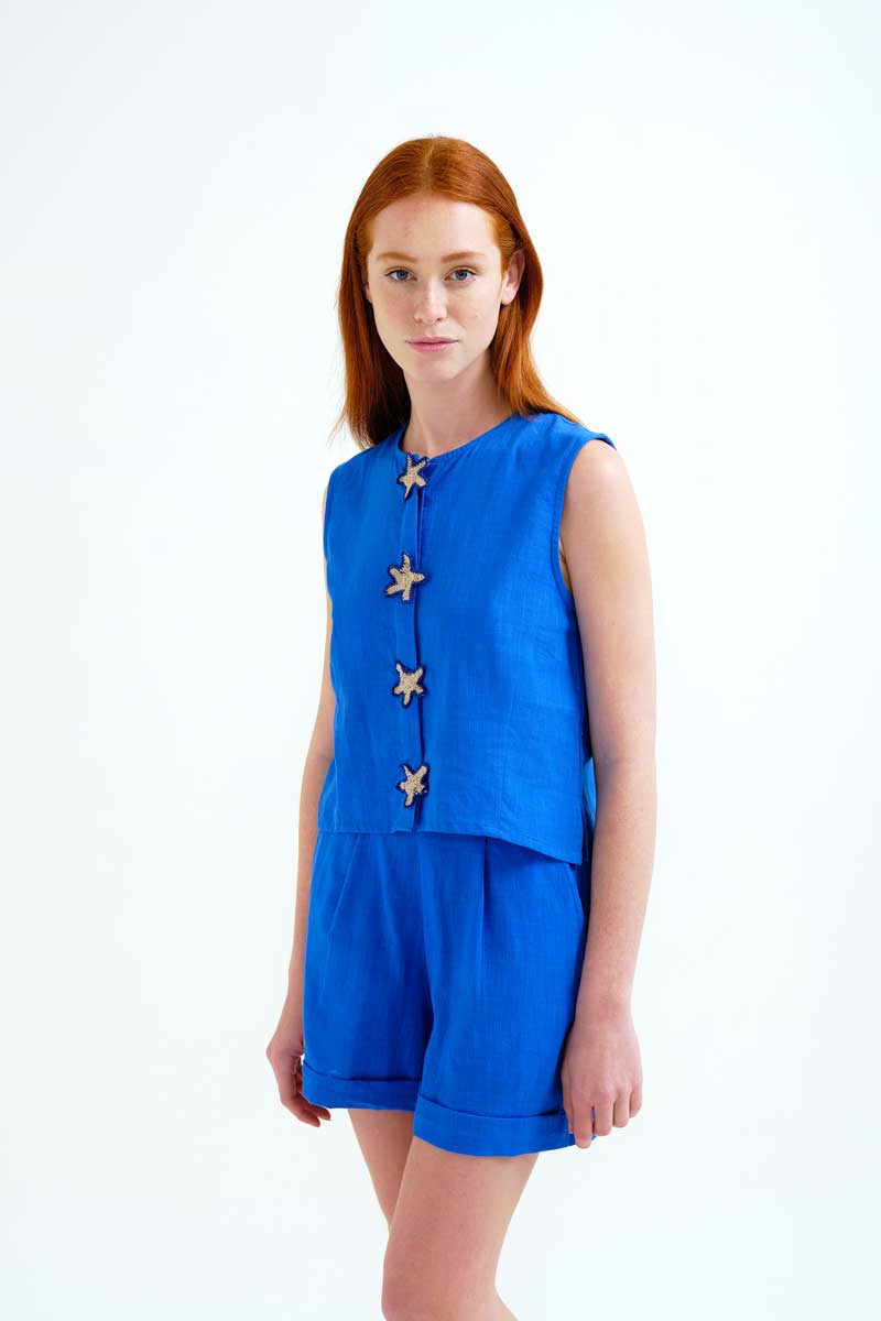 Blue Sleeveless Top with Stars Details