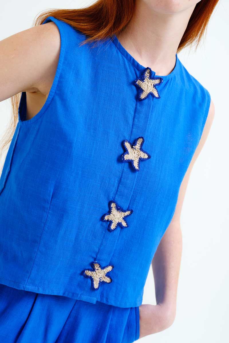 Blue Sleeveless Top with Stars Details