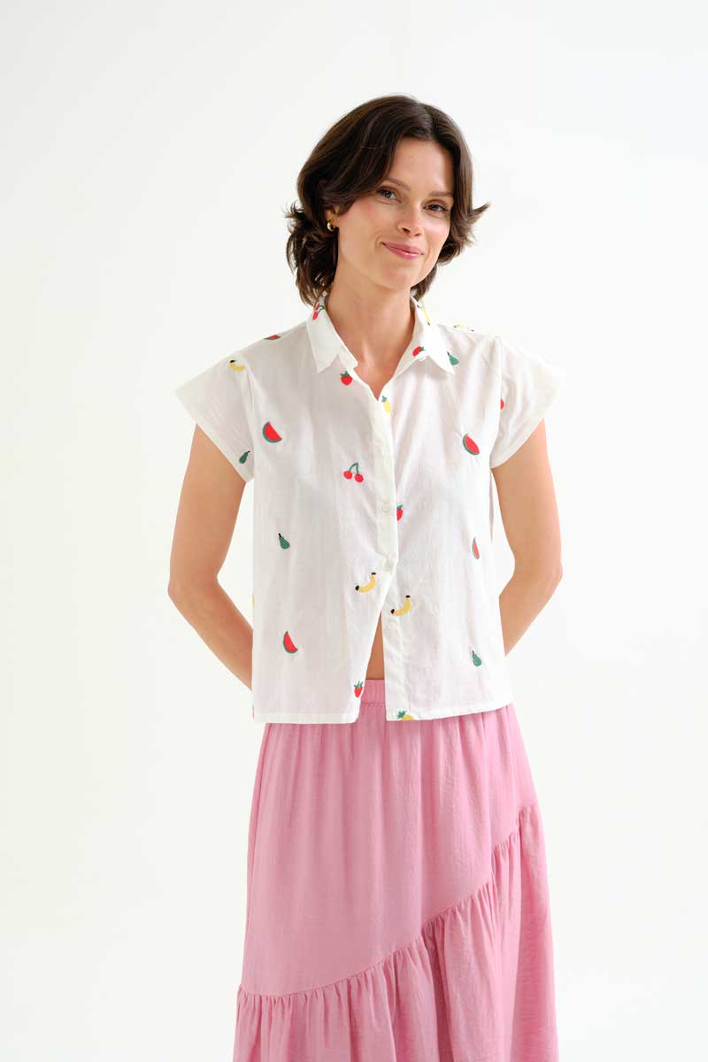 White Shirt with Fruit Embroidery