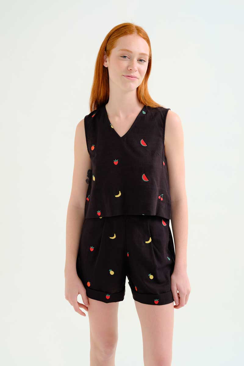 Black Sleeveless Top with Fruits Embroidery