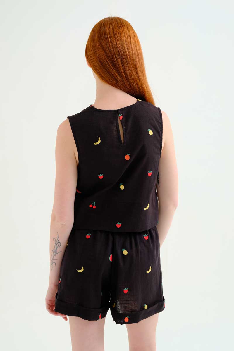 Black Sleeveless Top with Fruits Embroidery