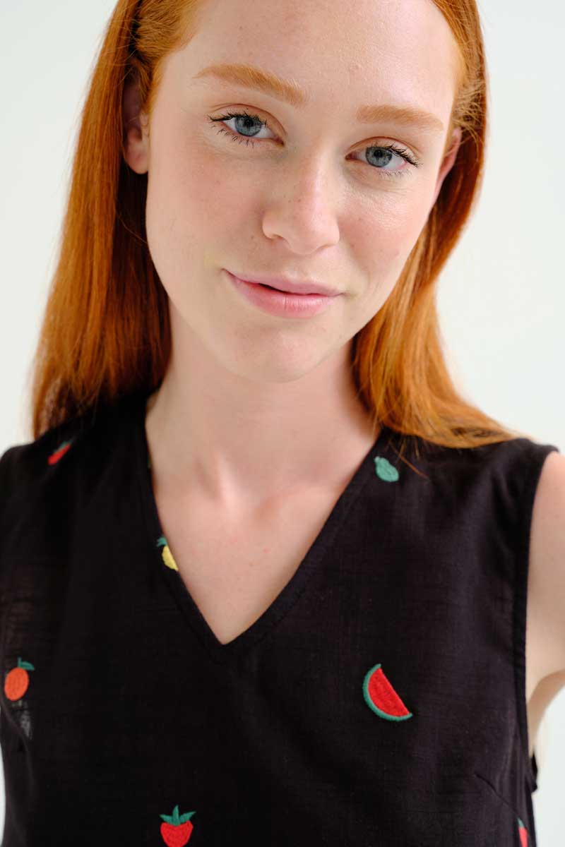Black Sleeveless Top with Fruits Embroidery