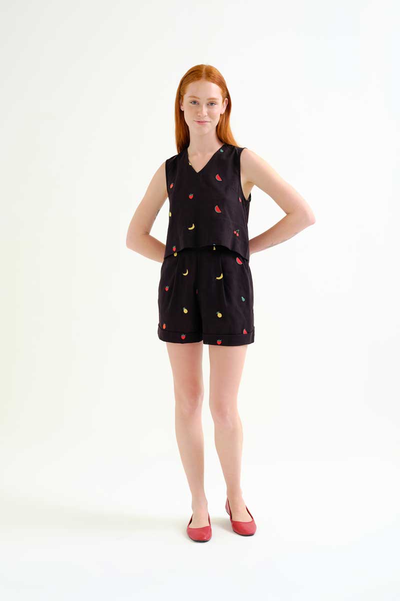 Black Sleeveless Top with Fruits Embroidery