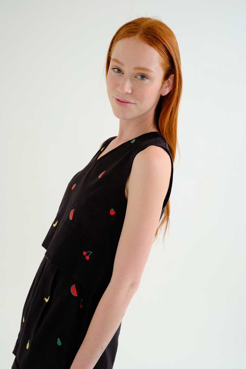 Black Sleeveless Top with Fruits Embroidery