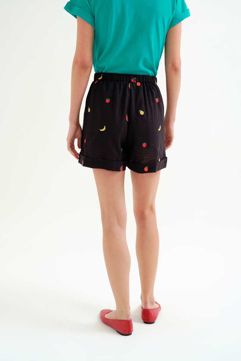 Black Shorts with Fruits Embroidery
