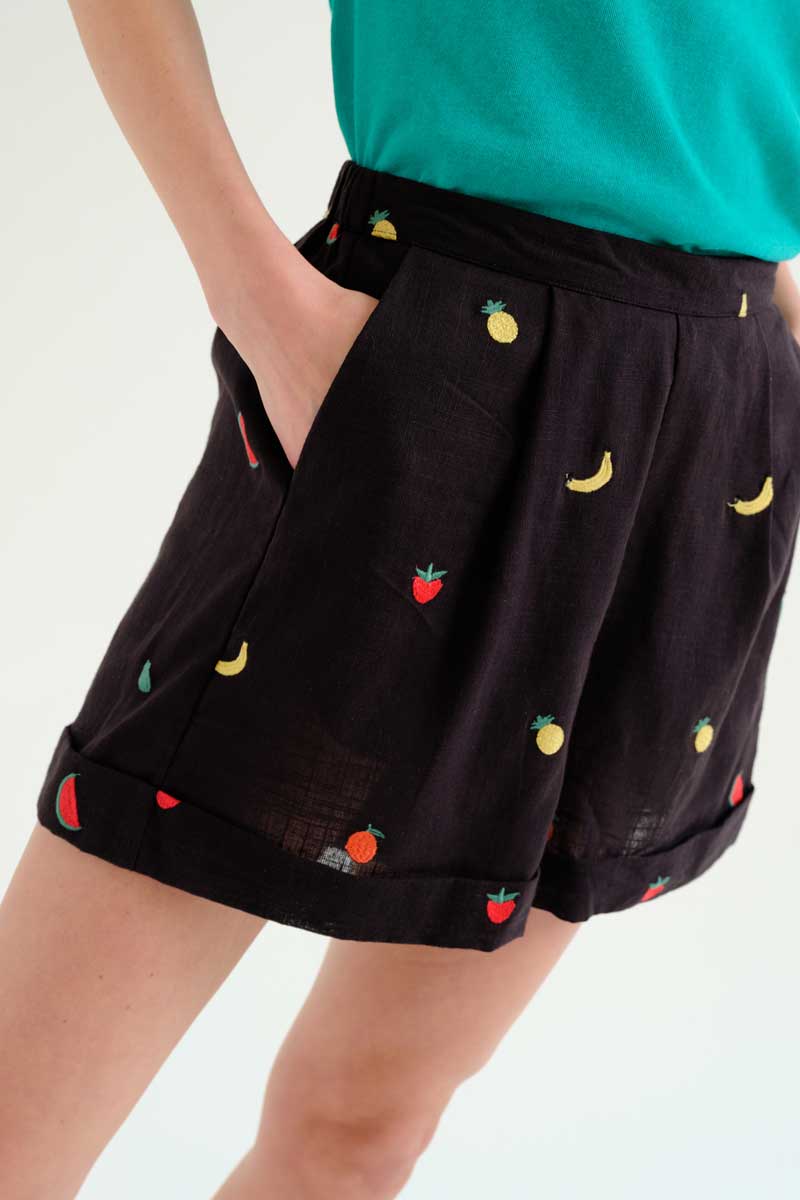 Black Shorts with Fruits Embroidery