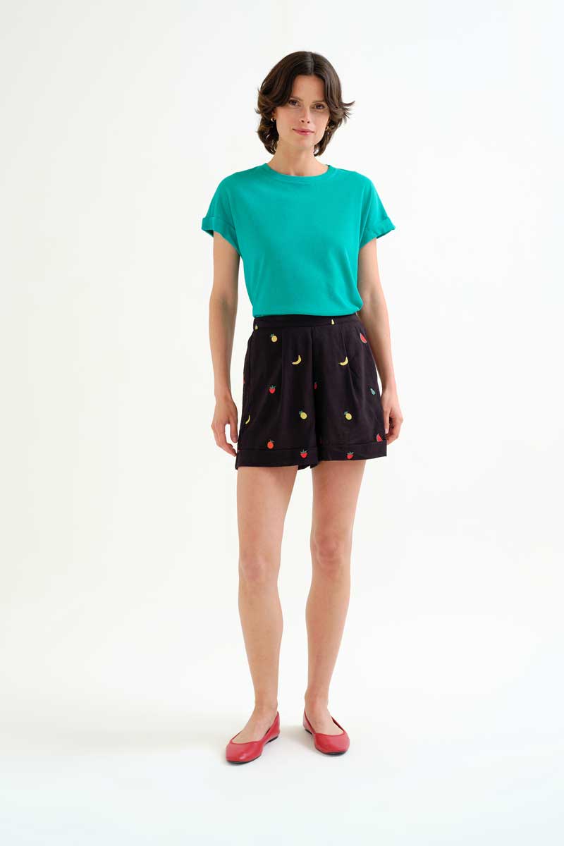 Black Shorts with Fruits Embroidery
