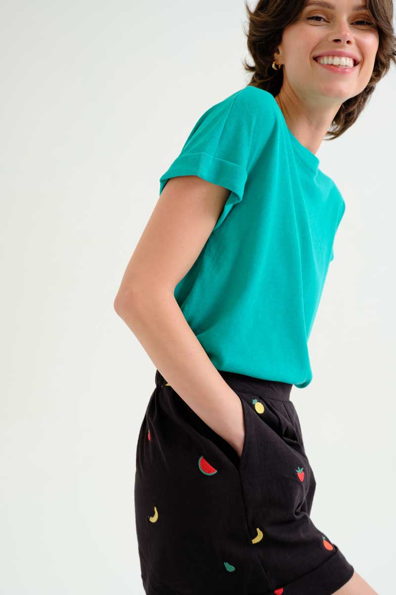 Black Shorts with Fruits Embroidery
