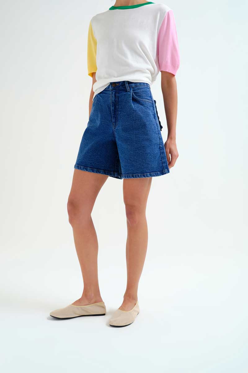 Blue Denim Shorts with Wavy Details