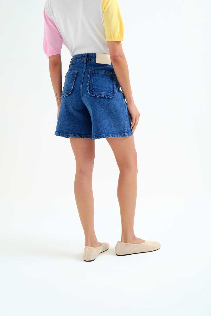 Blue Denim Shorts with Wavy Details