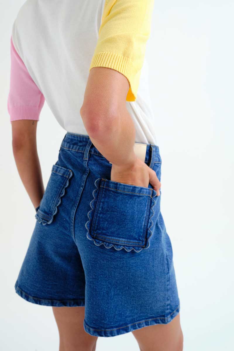 Blue Denim Shorts with Wavy Details