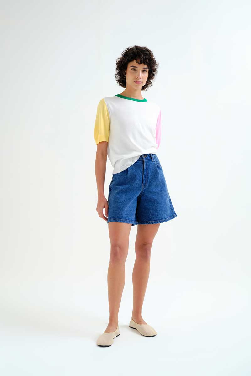 Blue Denim Shorts with Wavy Details