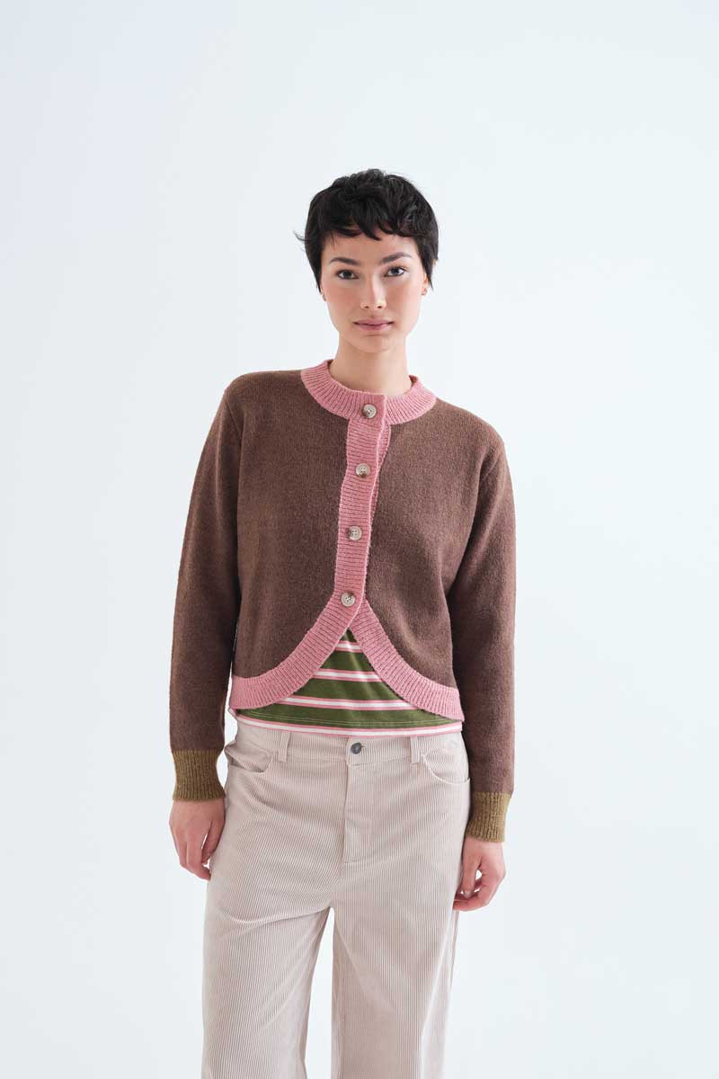 Brown Cardigan with Contrast Trims