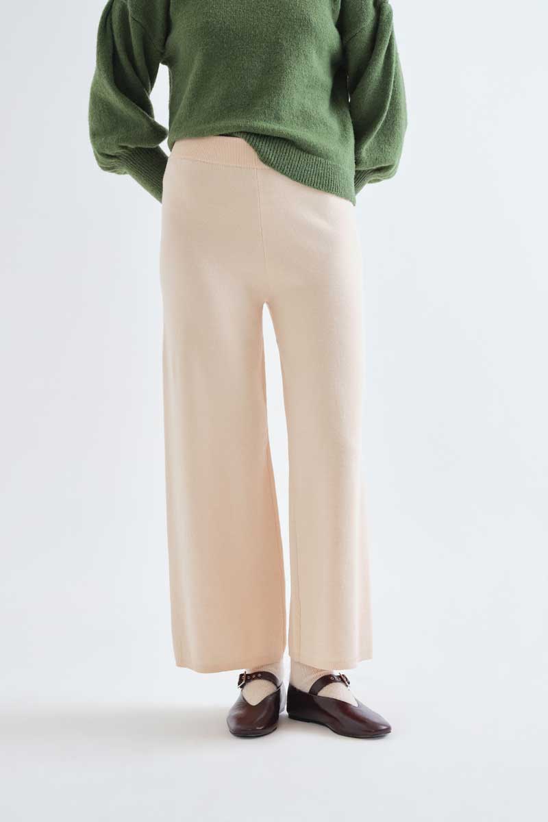 Cream Straight-Leg Knitted Trousers