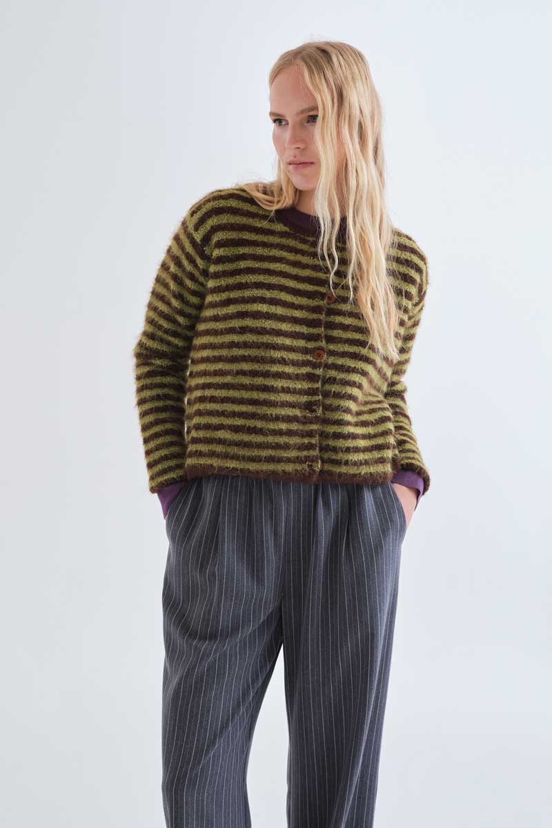 Olive and Brown Striped Knit Cardigan